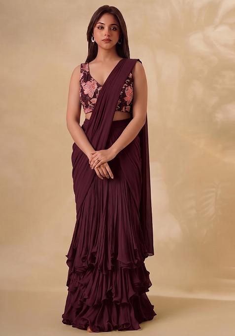 Deep Wine Printed Organza Pre Draped Saree&nbsp;Set