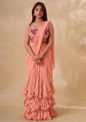 Peach Printed Organza Pre Draped Saree Set