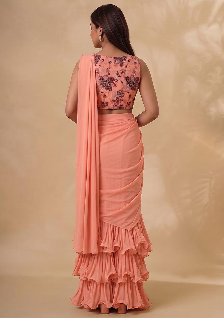 Peach Printed Organza Pre Draped Saree Set - Indya