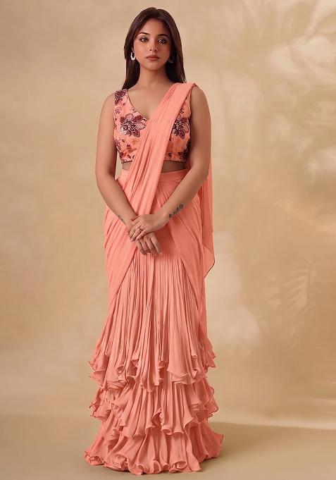 Peach Printed Organza Pre Draped Saree Set