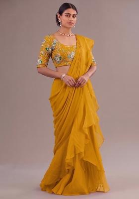 Mustard Yellow Printed Crepe Pre Draped Saree Set