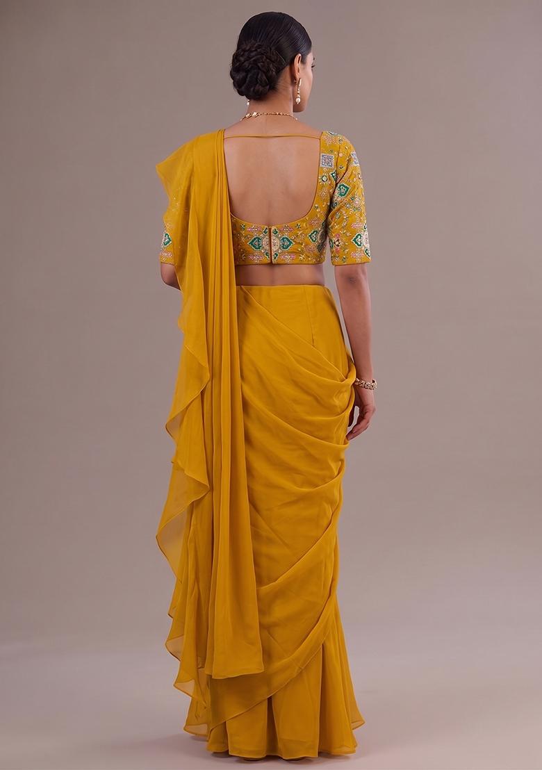 Mustard Yellow Printed Crepe Pre Draped Saree Set - Indya