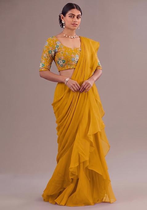 Mustard Yellow Printed Crepe Pre Draped Saree Set