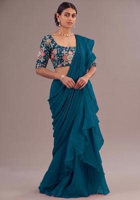 Deep Teal Printed Crepe Pre Draped Saree Set