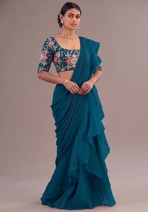 Deep Teal Printed Crepe Pre Draped Saree Set