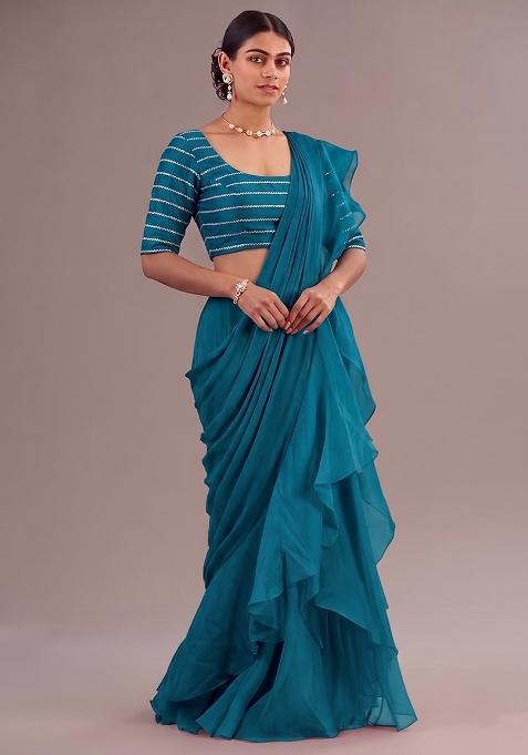 Teal Embroidered Organza Pre Draped Saree Set