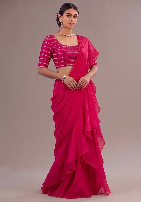 Rani Pink Embroidered Organza Pre Draped Saree Set