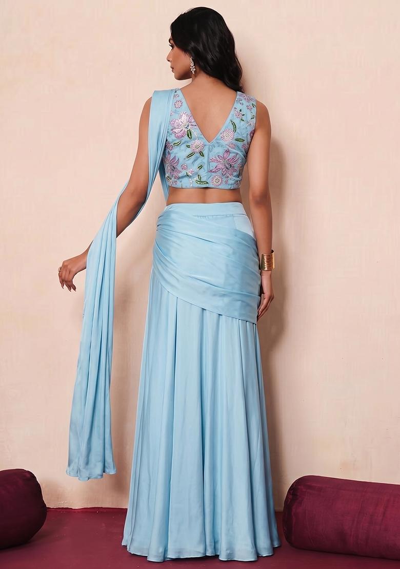 Blue Printed Organza Pre Draped Saree Set - Indya