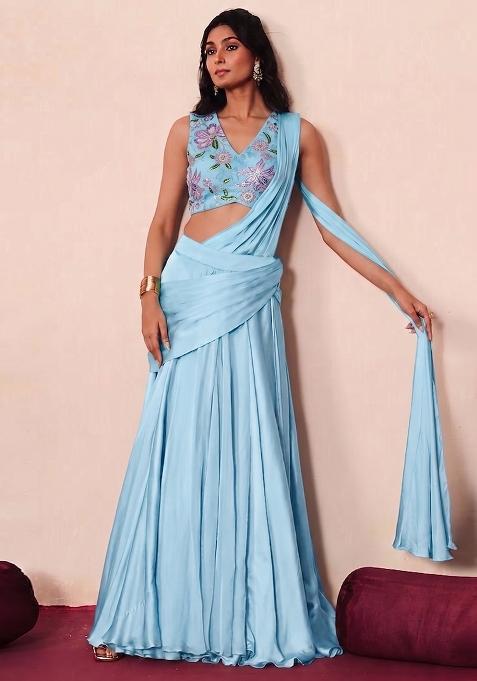 Blue Printed Organza Pre Draped Saree Set