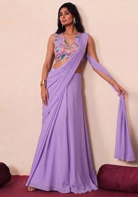 Lilac Printed Organza Pre Draped Saree Set