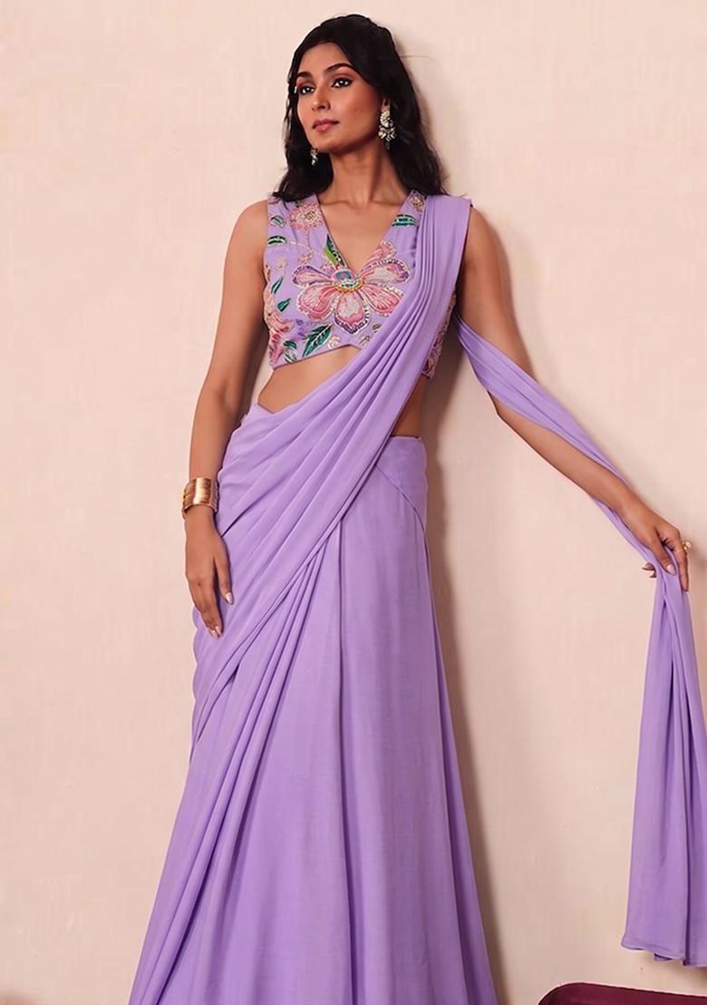 Lilac Printed Organza Pre Draped Saree Set - Indya
