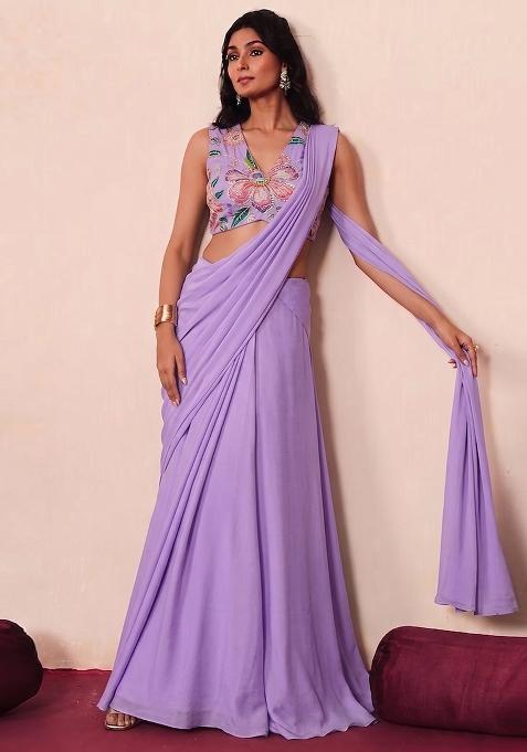 Lilac Printed Organza Pre Draped Saree Set