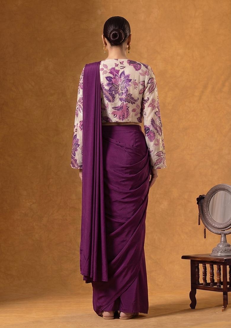 Purple Printed Organza Pre Draped Saree Set - Indya