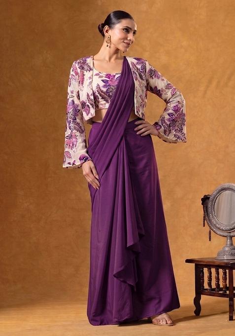 Purple Printed Organza Pre Draped Saree Set