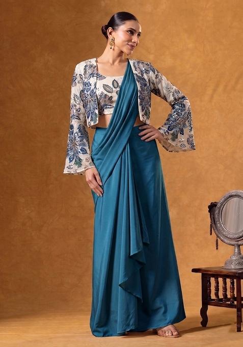 White Printed Organza Pre Draped Saree Set