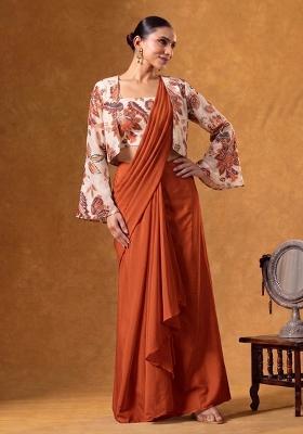 Rust Printed Organza Pre Draped Saree Set