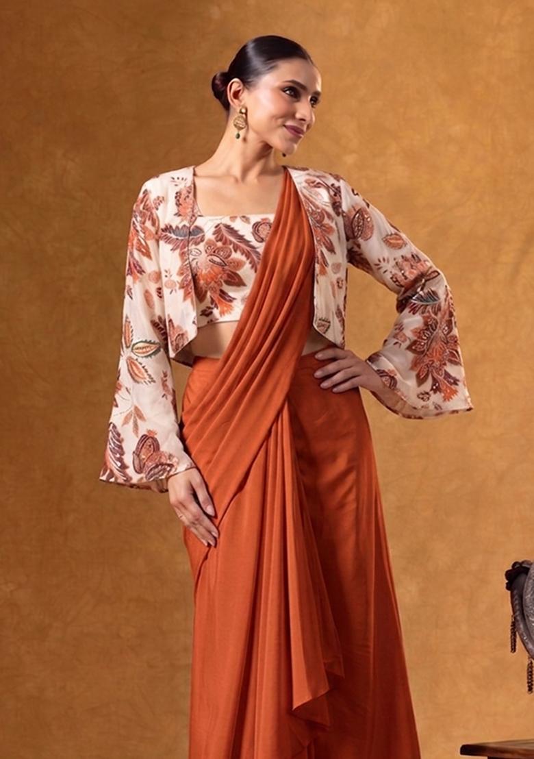 Rust Printed Organza Pre Draped Saree Set - Indya