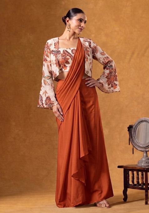 Rust Printed Organza Pre Draped Saree Set