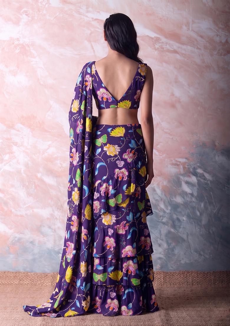 Purple Printed Chinon Pre Draped Saree Set - Indya