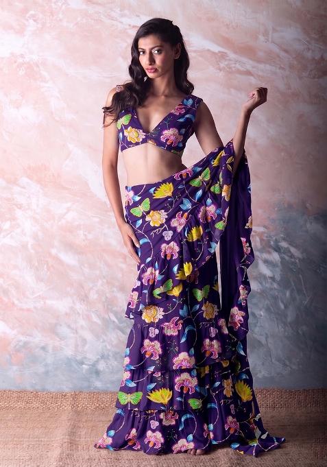 Purple Printed Chinon Pre Draped Saree Set