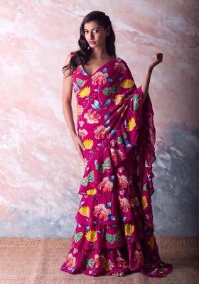 Dark Pink Printed Chinon Pre Draped Saree Set