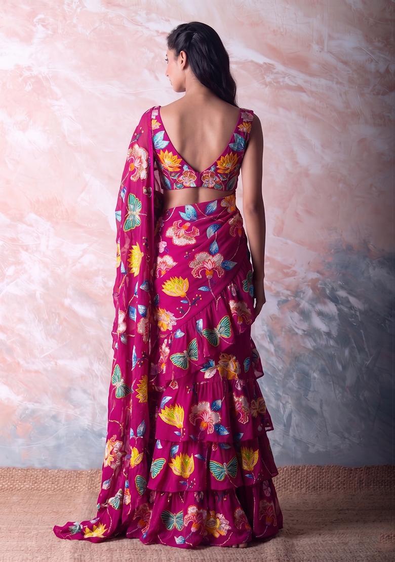 Dark Pink Printed Chinon Pre Draped Saree Set - Indya