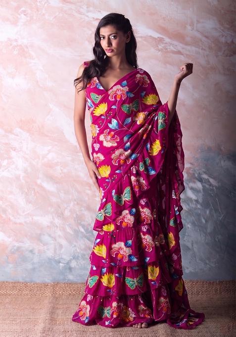 Dark Pink Printed Chinon Pre Draped Saree Set