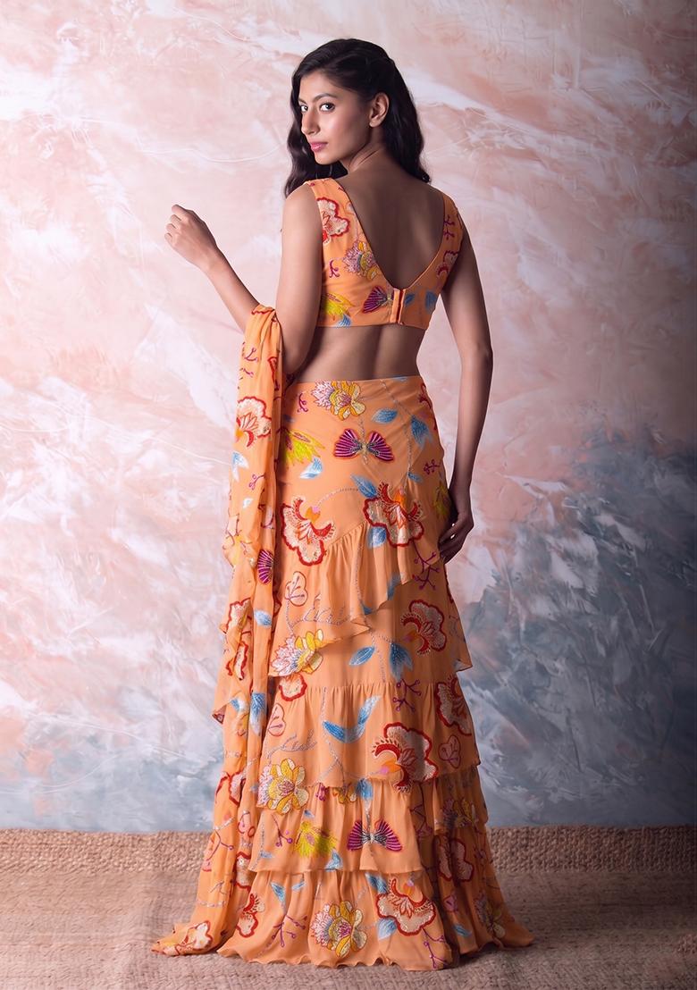 Peach Printed Chinon Pre Draped Saree Set - Indya