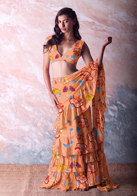 Peach Printed Chinon Pre Draped Saree Set