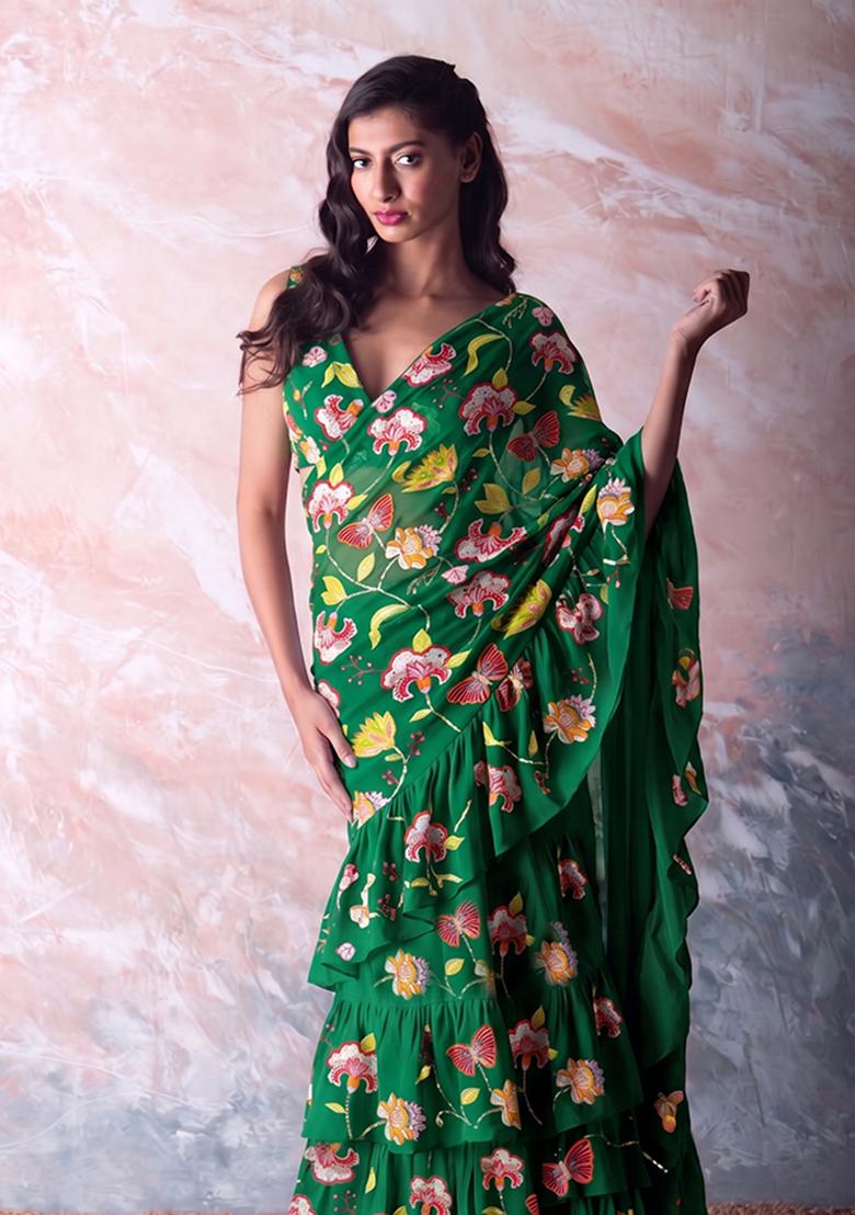 Dark Green Printed Chinon Pre Draped Saree Set - Indya