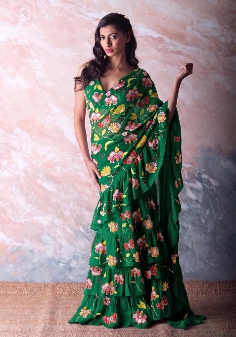 Dark Green Printed Chinon Pre Draped Saree Set