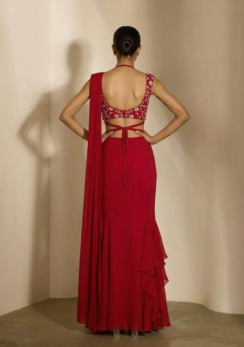 Red Embroidered Pre Draped Saree Set - Indya