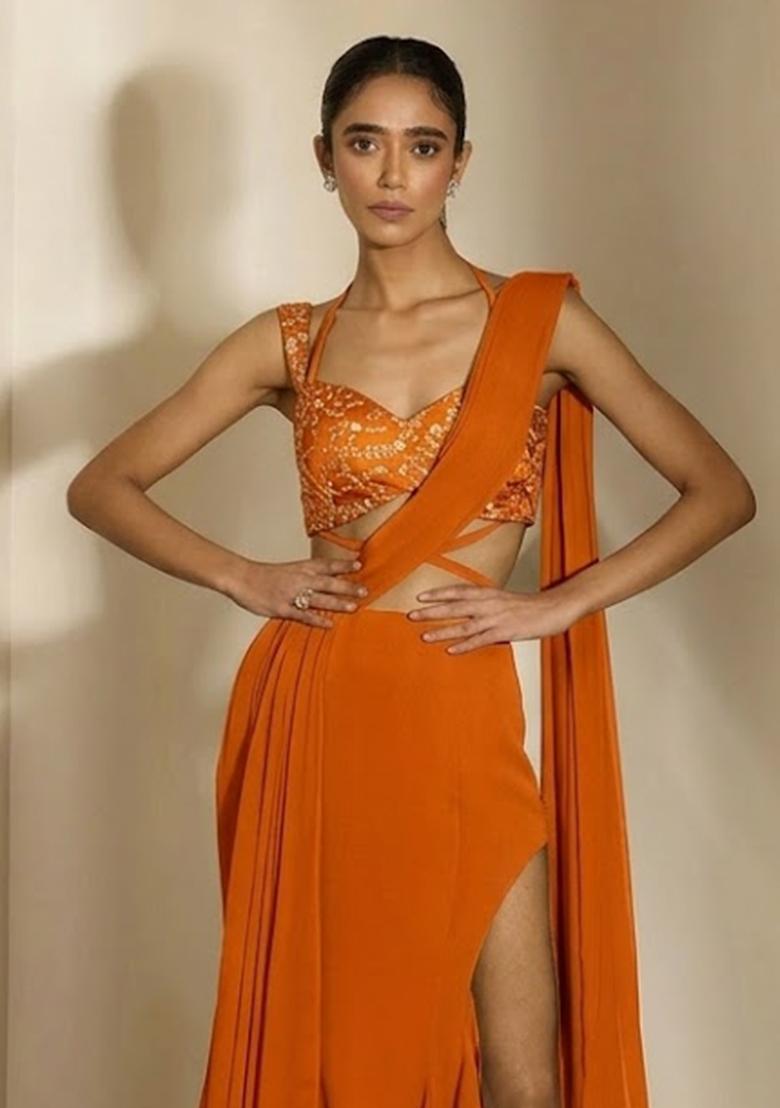Orange Embroidered Pre Draped Saree Set - Indya