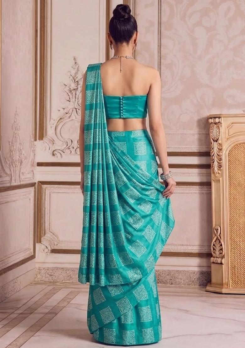 Turquoise&nbsp; Blue Printed Pre Draped Saree Set - Indya
