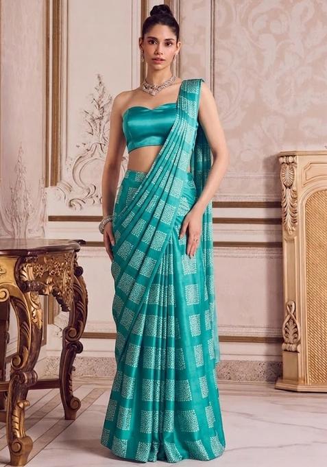 Turquoise&nbsp; Blue Printed Pre Draped Saree Set