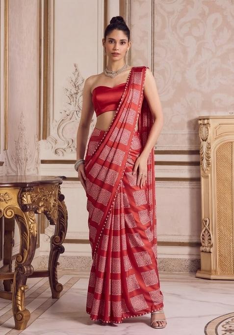 Red Printed Pre Draped Saree Set