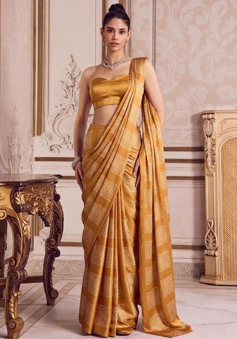 Mustard Printed Pre Draped Saree Set
