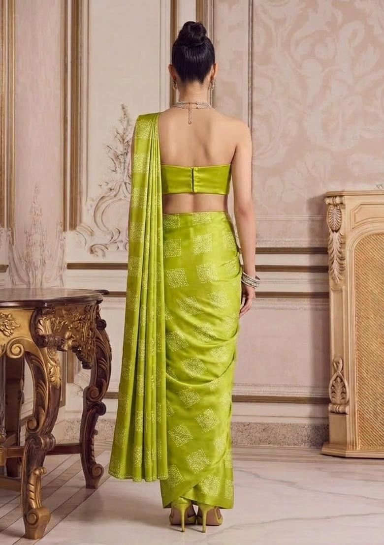 Lime Green Printed Pre Draped Saree Set - Indya