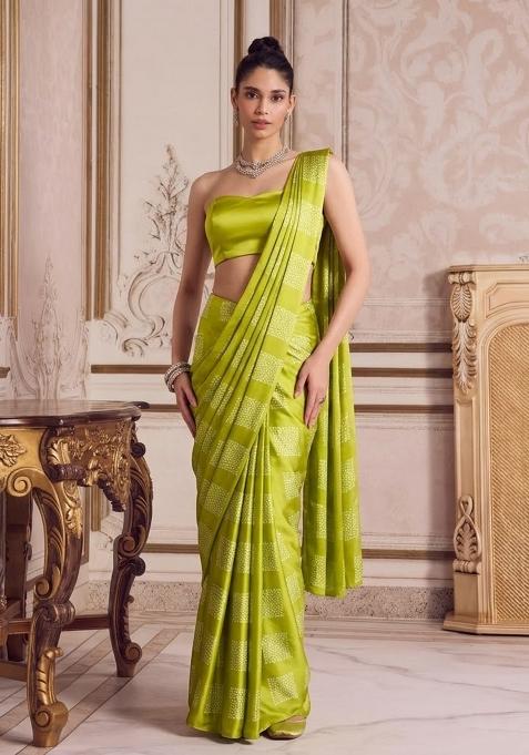 Lime Green Printed Pre Draped Saree Set