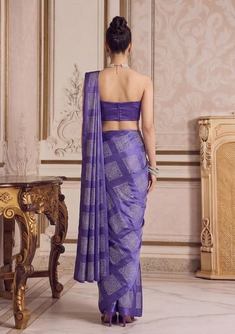 Purple Printed Pre Draped Saree Set - Indya