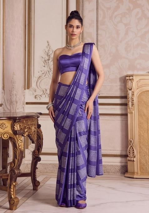 Purple Printed Pre Draped Saree Set
