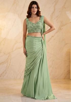 Pastel Green Embroidered Pre Draped Saree Set