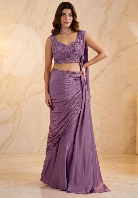 Lilac Embroidered Pre Draped Saree Set