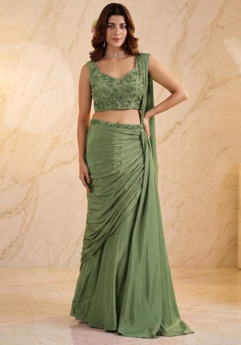 Green Embroidered Pre Draped Saree Set