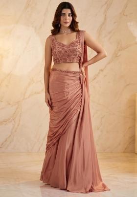 Peach Embroidered Pre Draped Saree Set