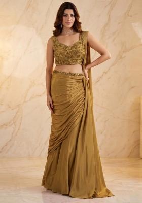 Mustard Embroidered Pre Draped Saree Set