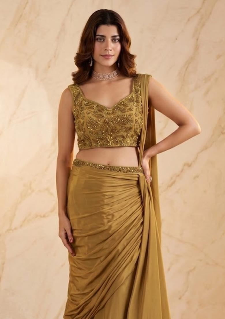 Mustard Embroidered Pre Draped Saree Set - Indya