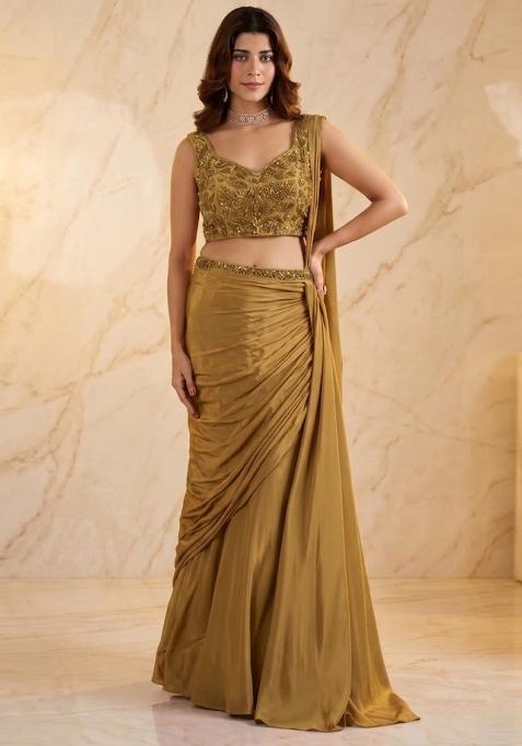 Mustard Embroidered Pre Draped Saree Set