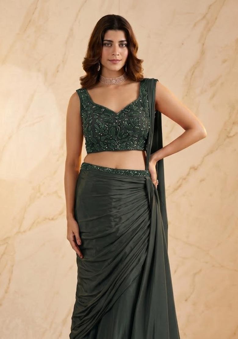 Grey Embroidered Pre Draped Saree Set - Indya
