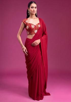 Maroon Tissue Pre Draped Saree Set